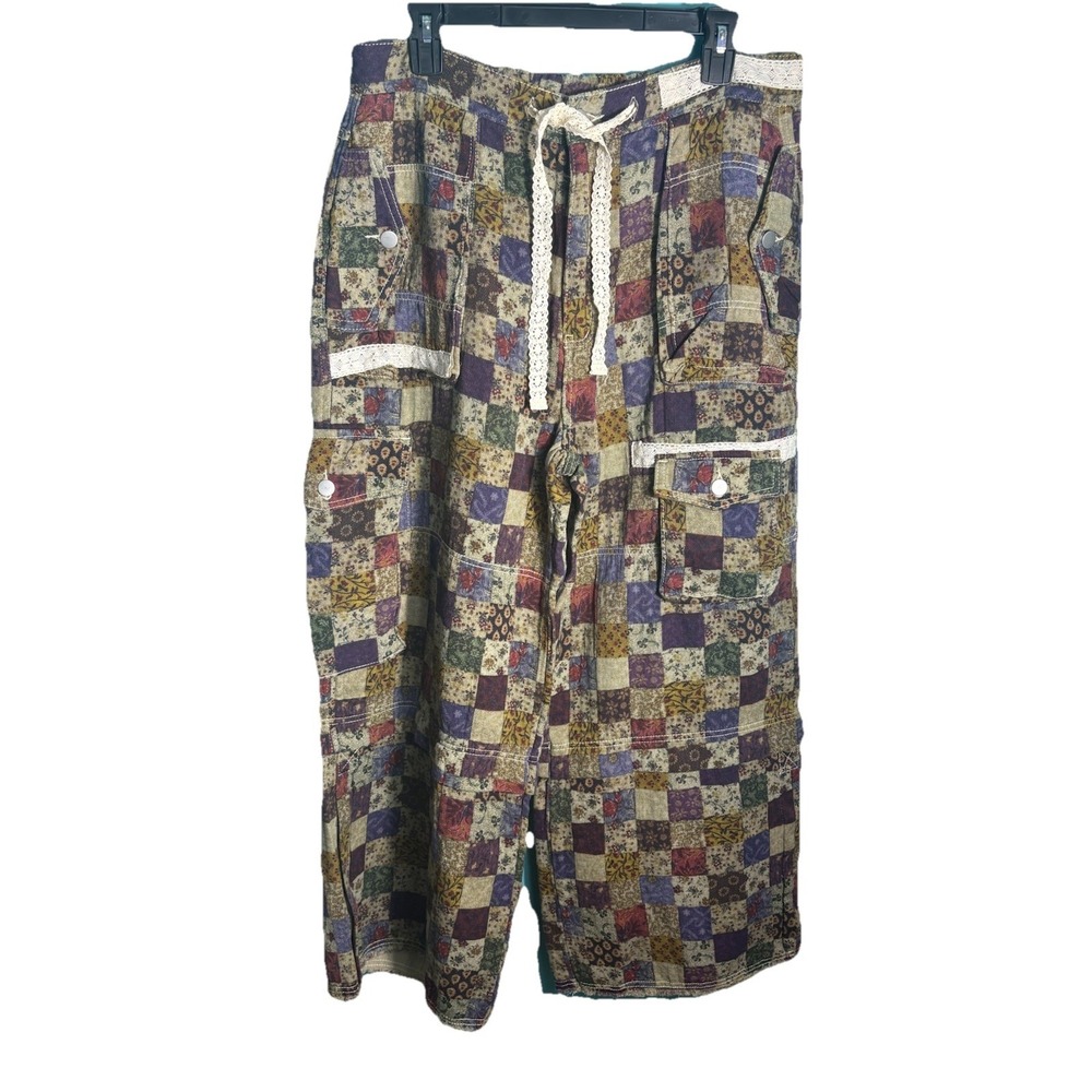 POL Women's SZ L Floral Printed Patchwork Woven Cargo Pants Wide Leg Boho Design